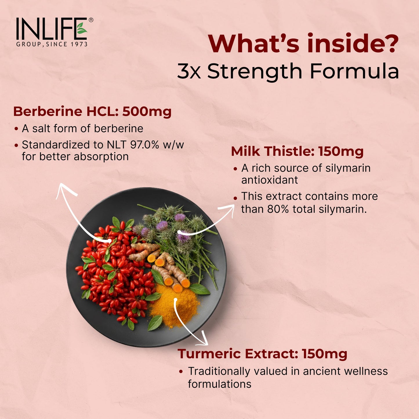 INLIFE Berberine HCL 500mg with Milk Thistle, Natural Supplement, Blood Sugar Support & Liver Health, Men Women, 60 Veg Capsules (Pack of 1, 60)