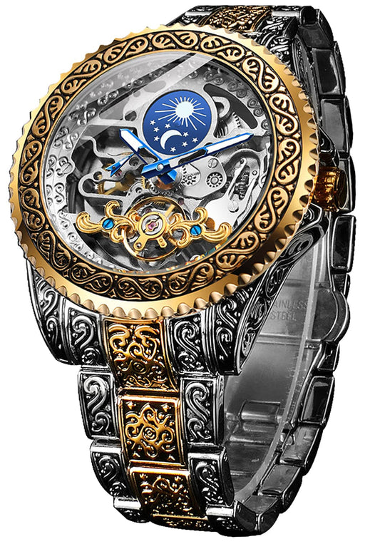 FORSINING Stainless Steel Retro Analog Watch For Men Carved Self-Wind Mechanical Tattoo Tourbillon Moon Phase Independent Seconds Skeleton Automatic Big Dial Wrist Watches, Gold, Mechanical