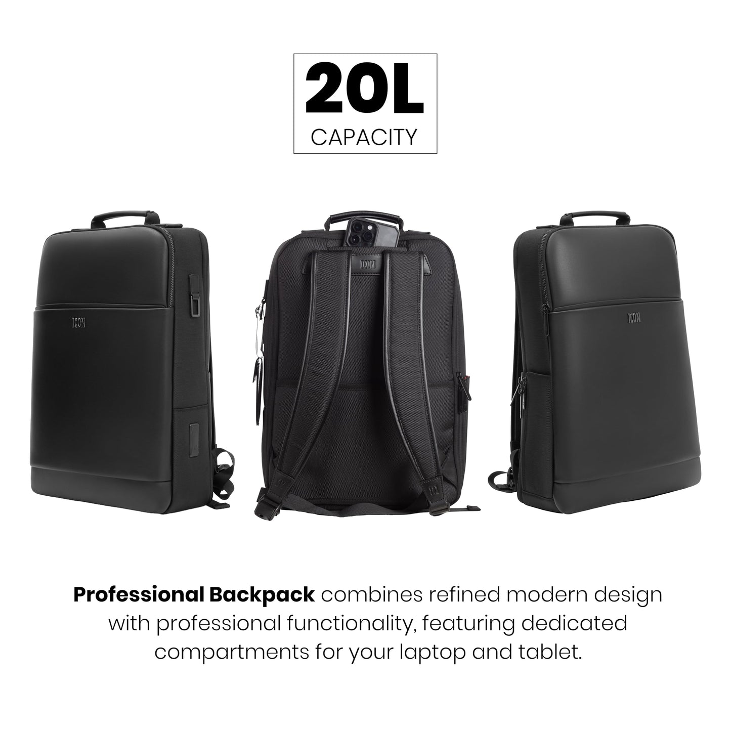 ICON The Professional Laptop Backpack 18L | Premium Vegan Leather Fits 15.6" Laptops | USB Charging Port with Zippers Luggage Sleeve, Water-Resistant & Multipurpose Unisex Bag - Black