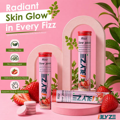 BLYZE Rizz Glow 3000 Glutathione Effervescent Tablets for Clear, Glowing and Youthful Skin – 500mg Glutathione with Hyaluronic Acid, No Sugar, No Maltodextrin – Pack of 1 (15 Tablets) Strawberry Flavor