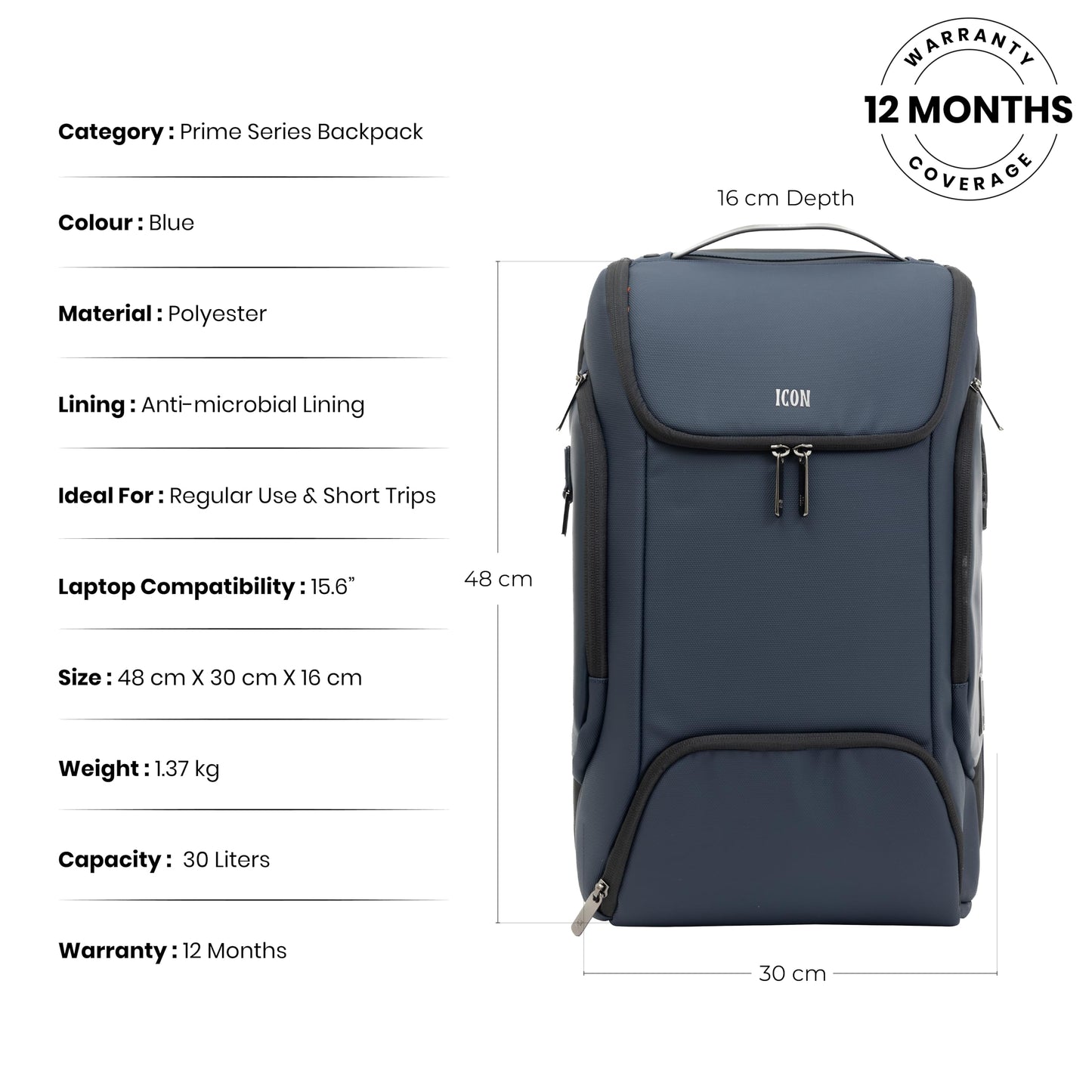 ICON The Iconic Laptop Backpack 30L | Premium Polyester, Fits 15.6" Laptops | USB Charging Port, Luggage Sleeve, Numbered Lock & Hidden Pocket | Water-Resistant, Multipurpose Unisex Laptop Bag - Blue.