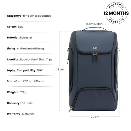 ICON The Iconic Laptop Backpack 30L | Premium Polyester, Fits 15.6" Laptops | USB Charging Port, Luggage Sleeve, Numbered Lock & Hidden Pocket | Water-Resistant, Multipurpose Unisex Laptop Bag - Blue.
