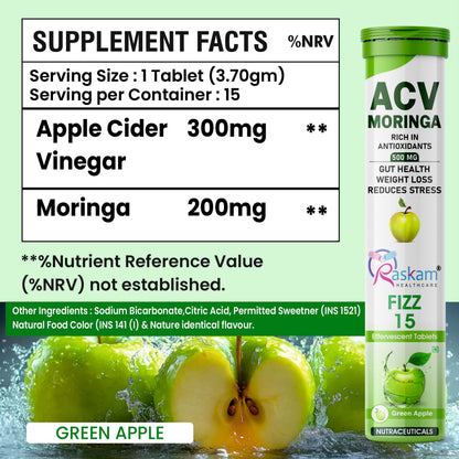 ACV Moringa Effervescent Tablets 500mg Apple Cider Vinegar with Moringa No Added Sugar for Gut Health Weight Loss Green Apple Flavor Pack of 4 (15 Tablets Each)
