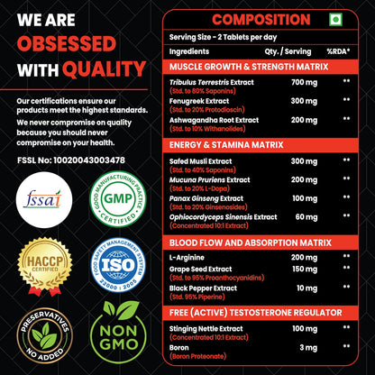 Healeo Testo Forte, 12-in-1 Testosterone Booster for Men with Tribulus, Safed Musli, Panax Ginseng, L-Arginine - Enhances Stamina, Muscle Strength & Power - Lab Tested - 60 Veg Tablets