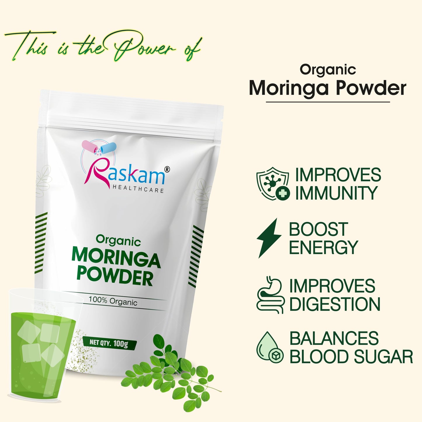 Raskam 100% Organic Moringa Powder Moringa Oleifera | Boost Immunity | Digestion & Energy | Organic Super green for Vitality | Gut Health | 100gm Drumstick Leaves Powder