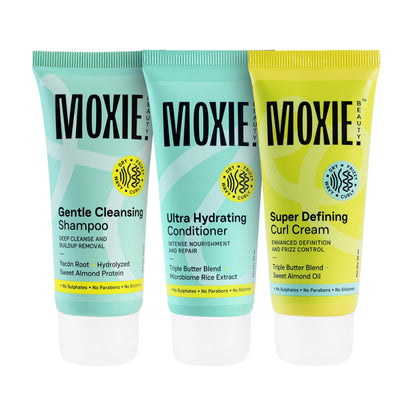 Moxie Beauty Curly Essentials Travel Trio | Boosts Curl Definition & Retains 96% Moisture | Gentle Cleansing Shampoo (50ml), Ultra Hydrating Conditioner (50ml) & Super Defining Curl Cream (50ml)