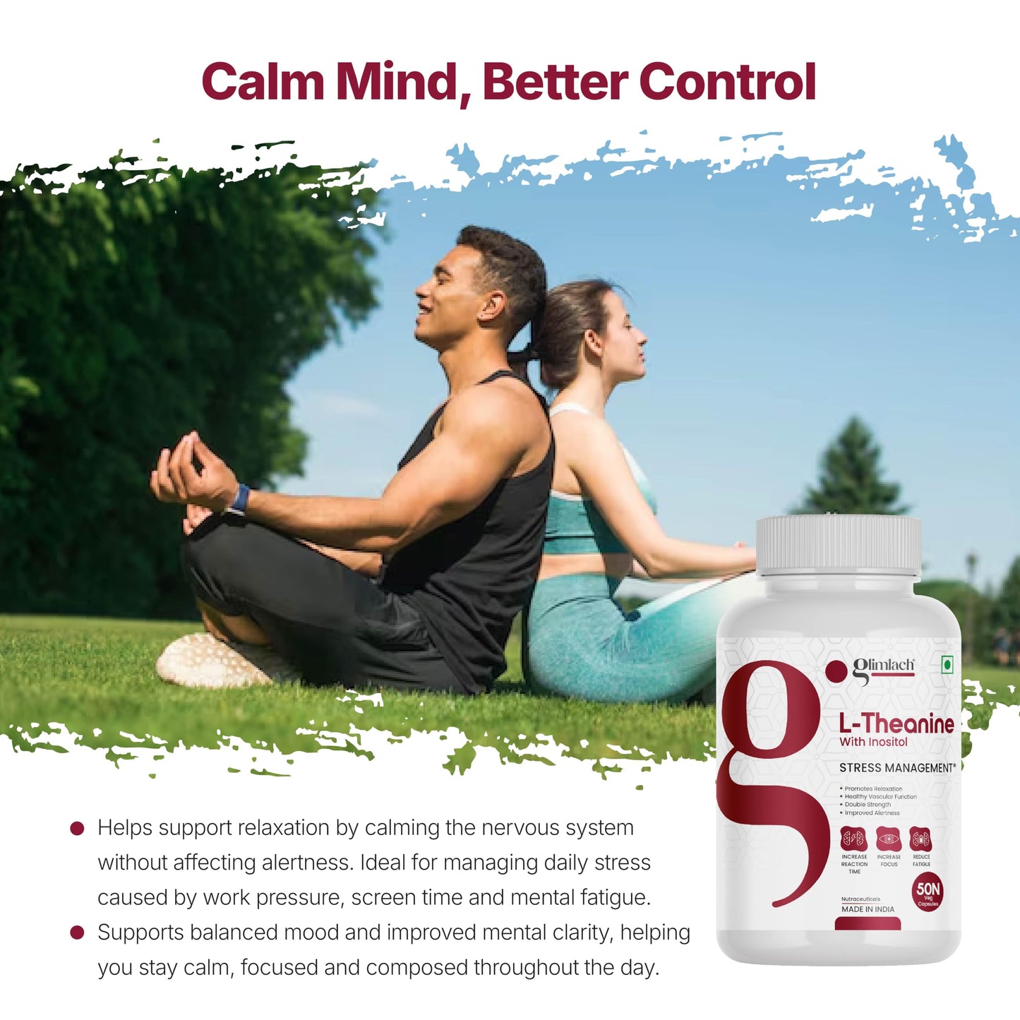 GLIMLACH L-Theanine 50 Capsules | Reduces anxiety & Stress | Promotes natural Relaxation, Restoration and Relief of Stress | L-Theanine Dietary Supplement Capsules