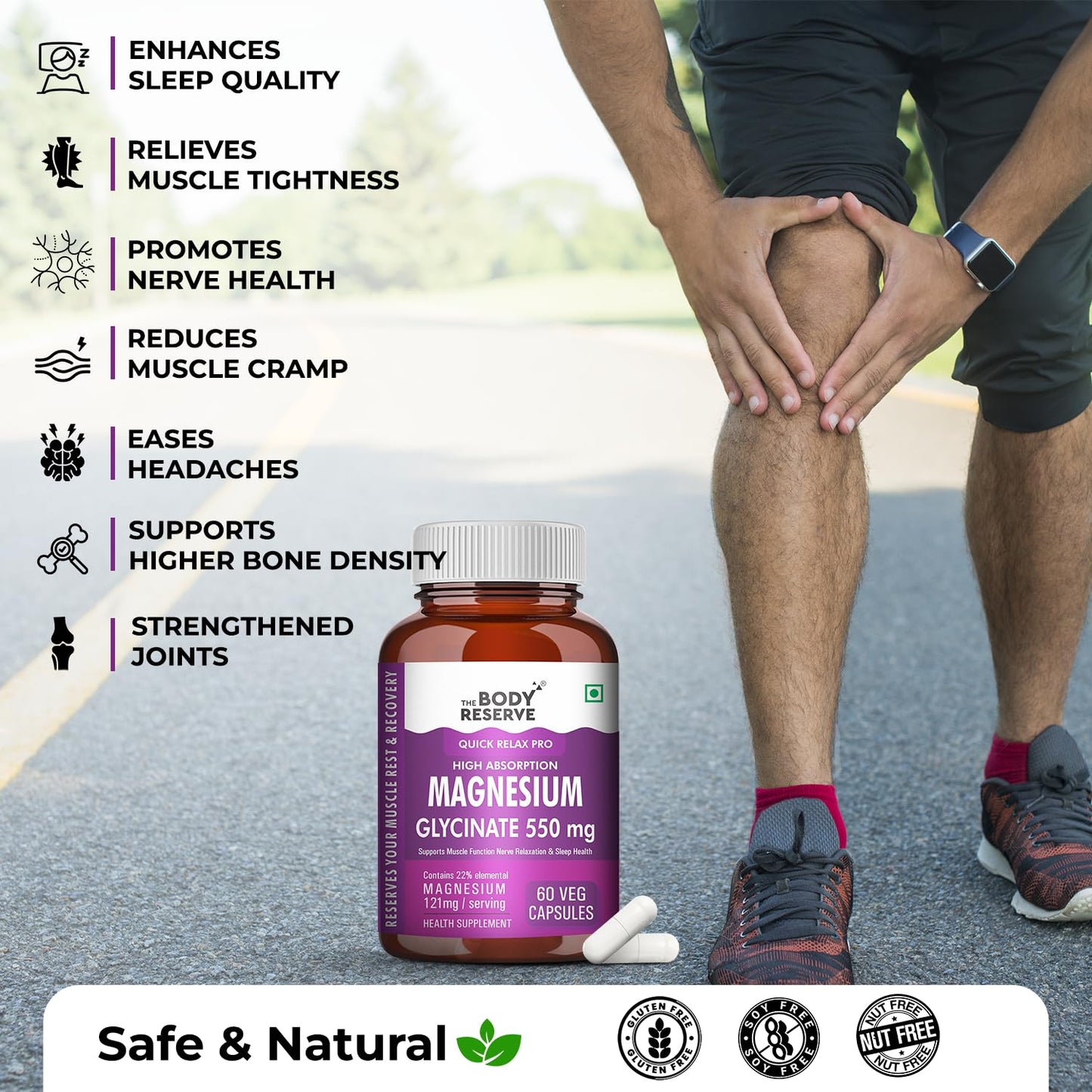 The Body Reserve Magnesium Glycinate Supplement - 60 Vegetable Capsules, 550mg Per Serving, High Absorption Chelated Form - Supports Muscle & Nerve Health, Relaxation for Men & Women