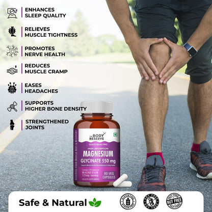The Body Reserve Magnesium Glycinate Supplement - 60 Vegetable Capsules, 550mg Per Serving, High Absorption Chelated Form - Supports Muscle & Nerve Health, Relaxation for Men & Women