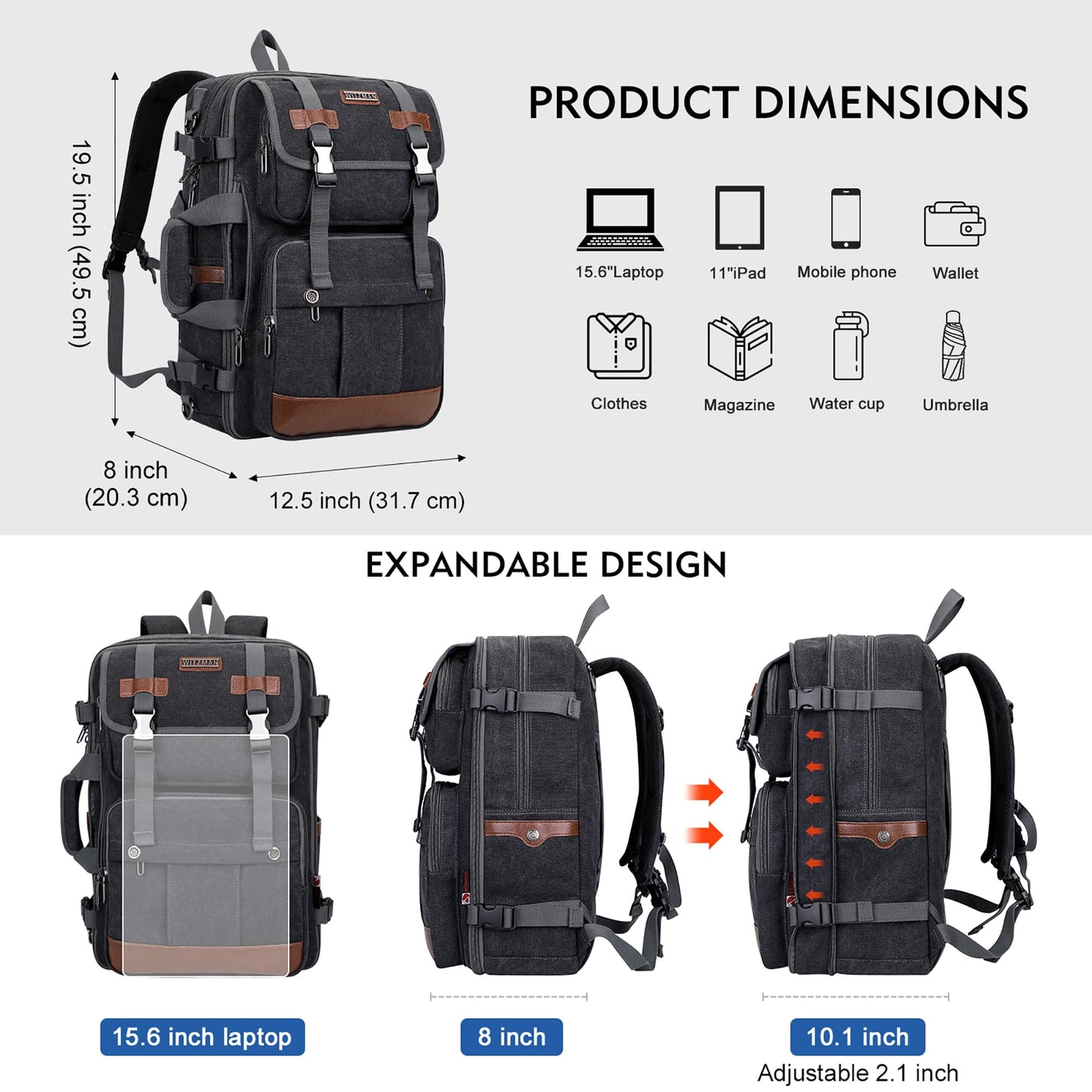 WITZMAN Canvas Travel Backpack for Men Large Laptop Backpack Fit 17 inch Carry-on Airline Approved Convertible Shoulder Rucksack(A6617 Black)