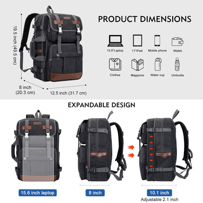 WITZMAN Canvas Travel Backpack for Men Large Laptop Backpack Fit 17 inch Carry-on Airline Approved Convertible Shoulder Rucksack(A6617 Black)