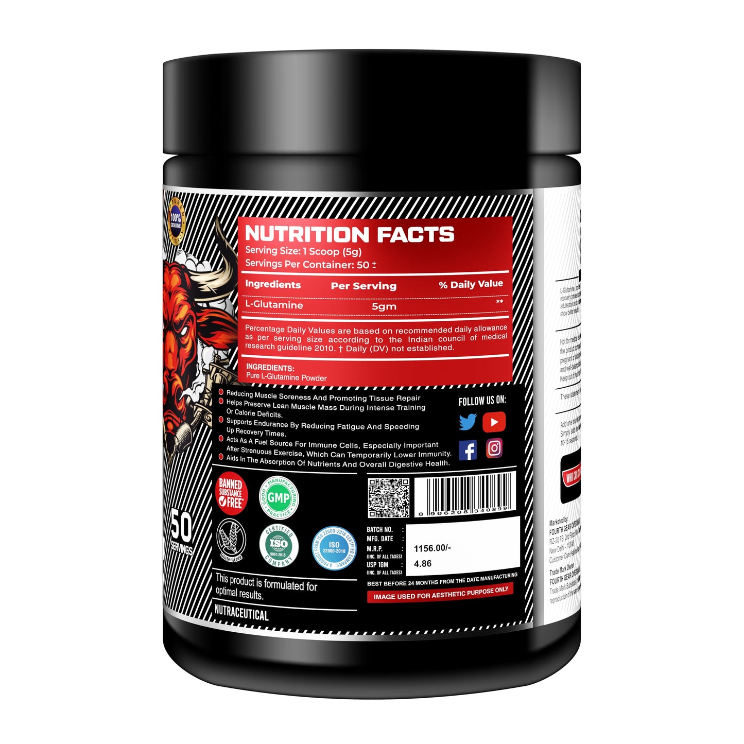 FOURTH GEAR L-Glutamine 100% Pure Micronized | 5000mg per Serving | Unflavoured Muscle Recovery, Energy & Performance Supplement | 250g (50 Servings) | Vegetarian