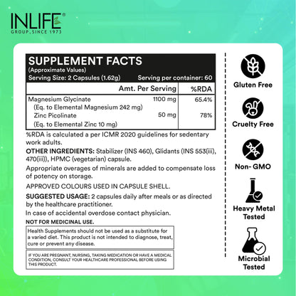 INLIFE Magnesium Glycinate Supplement 1100mg (Elemental Magnesium 242mg) with Zinc 10mg (as Zinc Picolinate) Per Serving, Relaxation & Healthy Muscle Function - 120 Capsules (Pack of 1, 120, count)