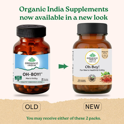 A TATA Product - Organic India OH-Boy - 30 Veg Capsules, Ashwagandha, Musli & Saffron, Helps Improve Men's Health & Vitality, Helps Boost Testosterone Levels, Reduce Stress & Anxiety GMP & NPOP Certified Organic