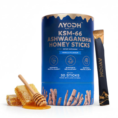 AYODH Ashwagandha Honey Sticks KSM 66 Ashwagandha Vanilla Syrup Raw Honey for Women Men Supports Relaxation Stamina Immunity Calmness 30 Sticks | Pack of 2