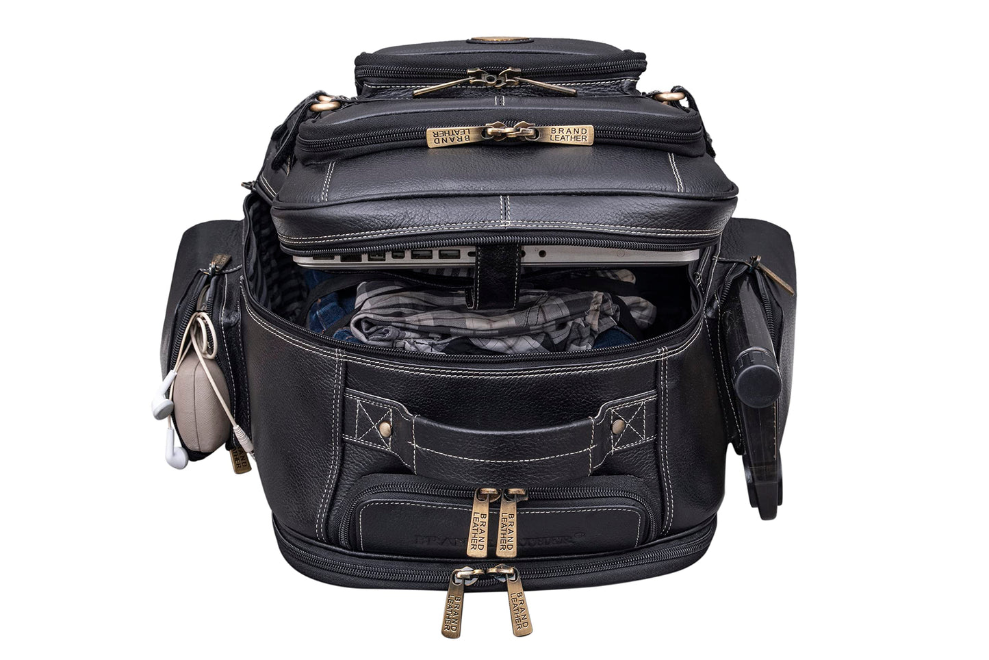 BRAND LEATHER Rolling Backpack Wheeled Laptop Backpack for Travel, Trolley Luggage Suitcase Compact Business Bag Student Laptop Bag for Men Women (Black)