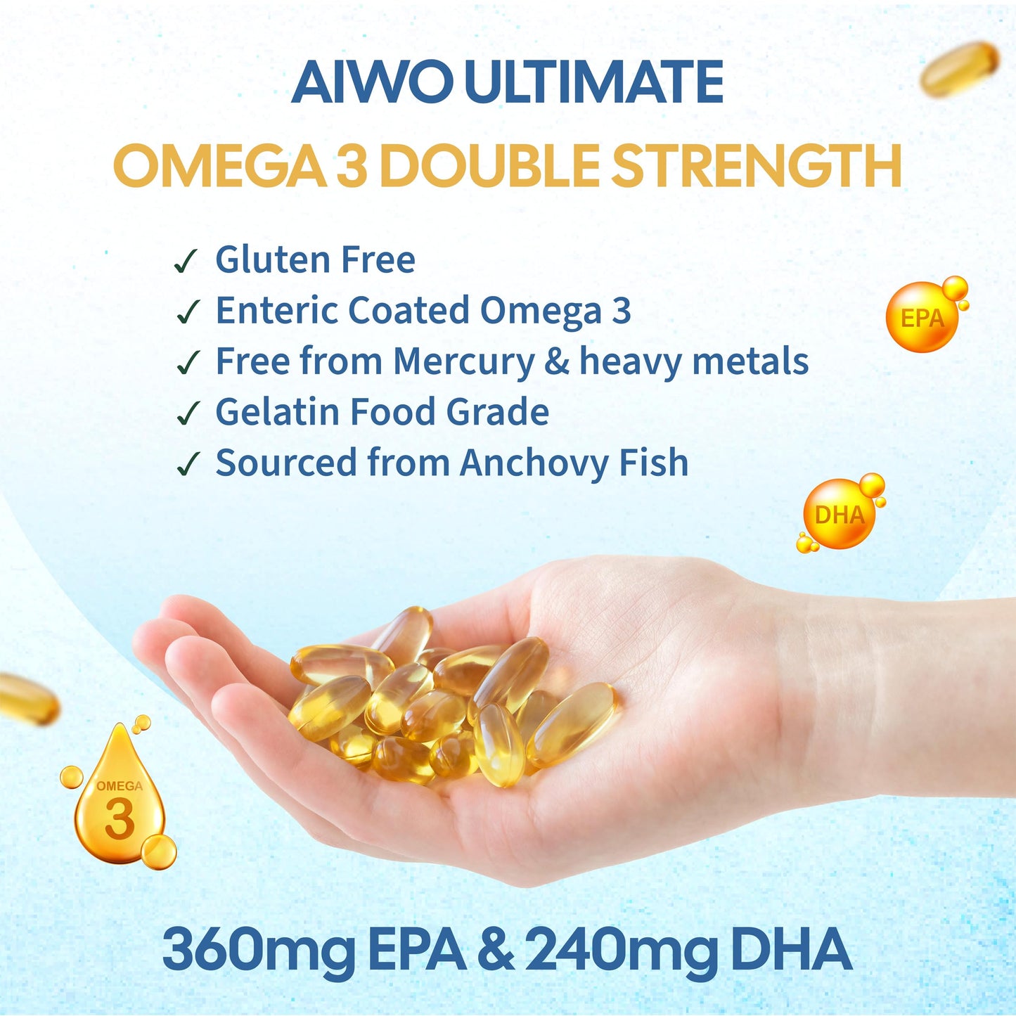 AIWO Ultimate Omega 3 Fish Oil Capsules for Men & Women, Double Strength 1000 mg with 360 mg EPA & 240 mg DHA, Burp-Free Formula, Supports Heart, Brain & Joint Health