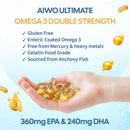 AIWO Ultimate Omega 3 Fish Oil Capsules for Men & Women, Double Strength 1000 mg with 360 mg EPA & 240 mg DHA, Burp-Free Formula, Supports Heart, Brain & Joint Health