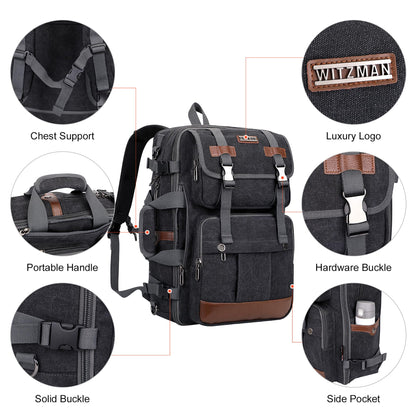WITZMAN Canvas Travel Backpack for Men Large Laptop Backpack Fit 17 inch Carry-on Airline Approved Convertible Shoulder Rucksack(A6617 Black)