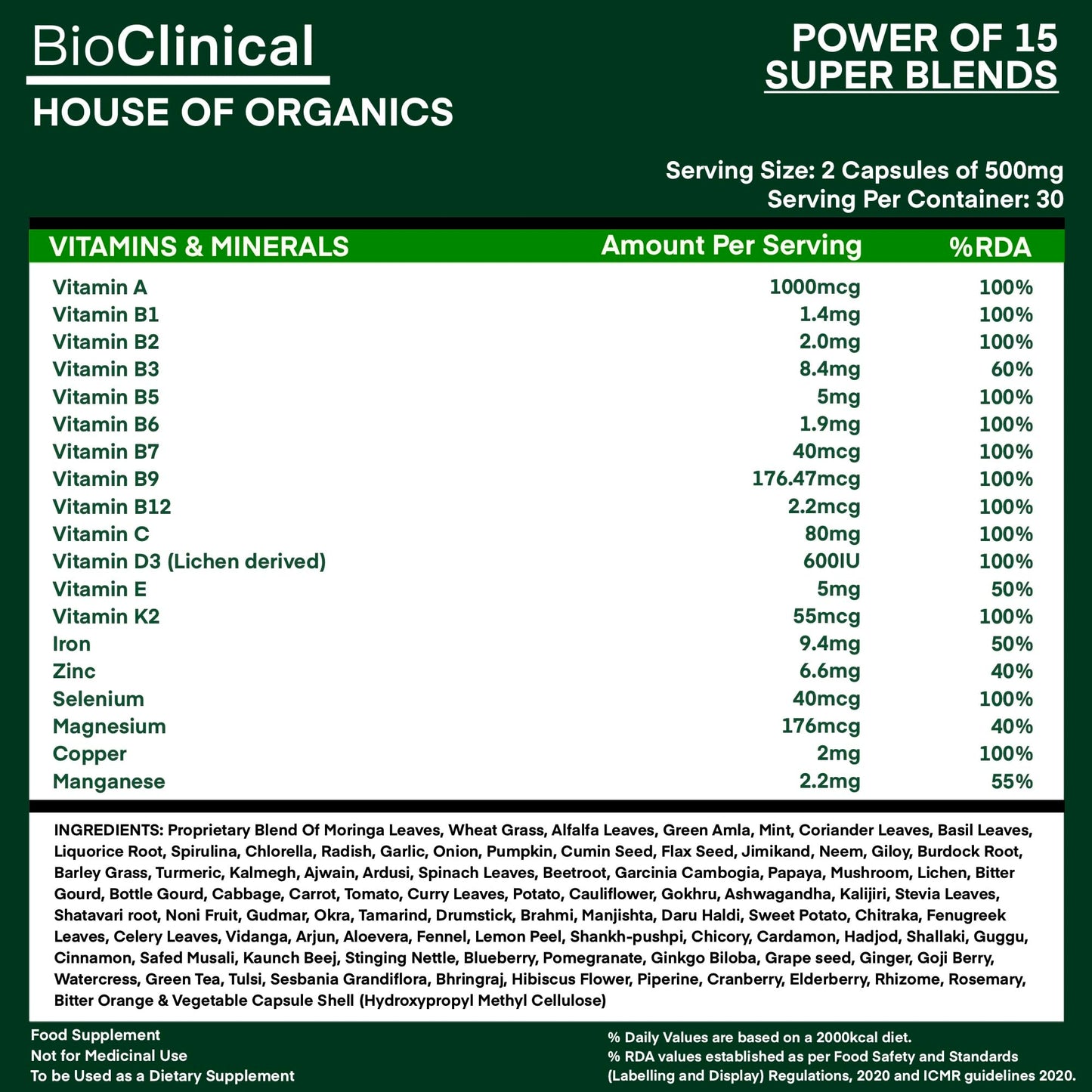 BioClinical Plant Based Multivitamin for Men & Women - Organic Natural Vitamins - Daily Vital Nutrition - Nature Made, Ayurvedic & Whole foods Supplement - Energy, Hair & Bone Health -60 Veg Capsules