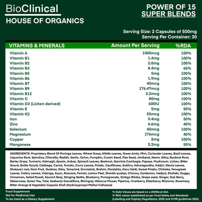 BioClinical Plant Based Multivitamin for Men & Women - Organic Natural Vitamins - Daily Vital Nutrition - Nature Made, Ayurvedic & Whole foods Supplement - Energy, Hair & Bone Health -60 Veg Capsules