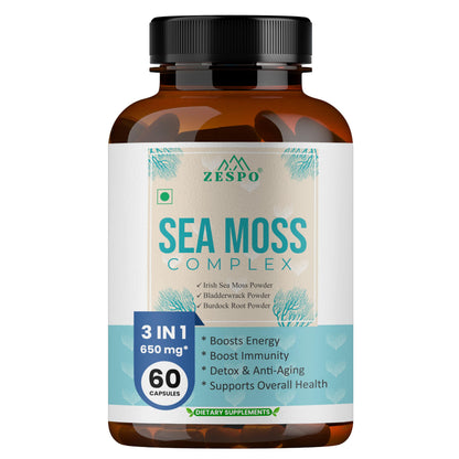 Zespo Sea Moss Complex Capsules with Irish Moss, Bladderwrack, and Burdock Root - Natural Thyroid, Digestive, and Skin Health Support - Rich in Nutrients - 60 Cap