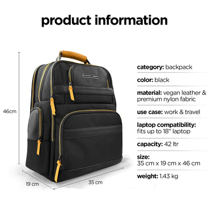 Nu Republic Triphop 18-inch Laptop Backpack | Dual USB-C & USB-A | Vegan Leather & Ballistic Nylon | Water-Resistant | Multi-Pocket College & Office Bag for Men & Women (Black)