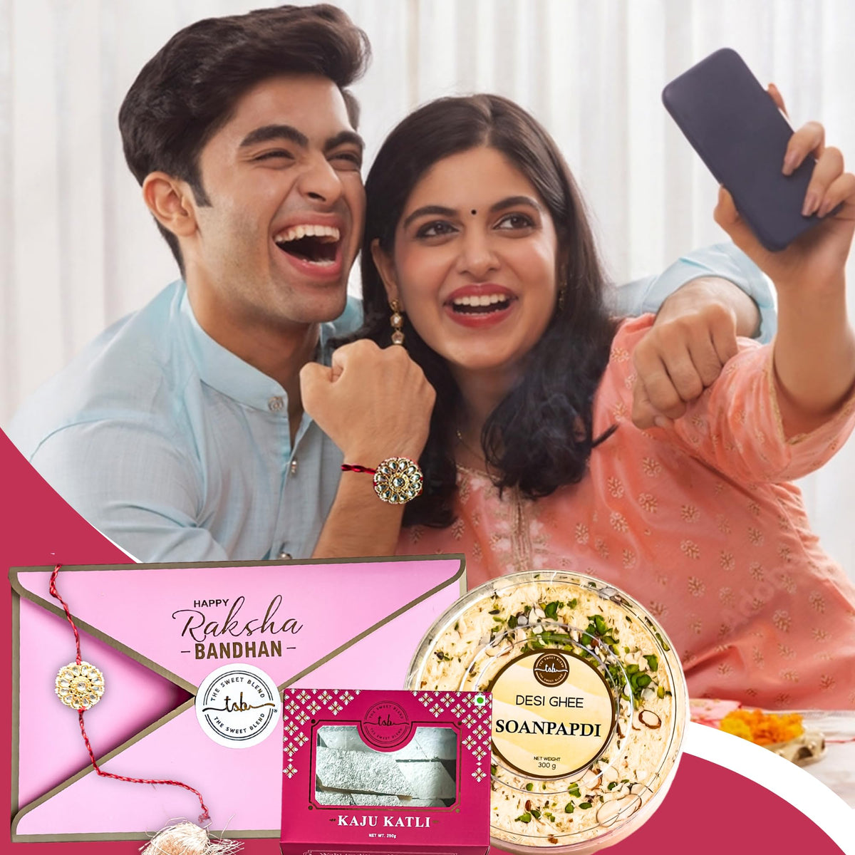 THE SWEET BLEND Raksha Bandhan - Rakhi Gift Hamper 700g Soan Papdi & Kaju Katli with Red Kundan Rakhi | Traditional Indian Mithai & Designer Rakhi Combo