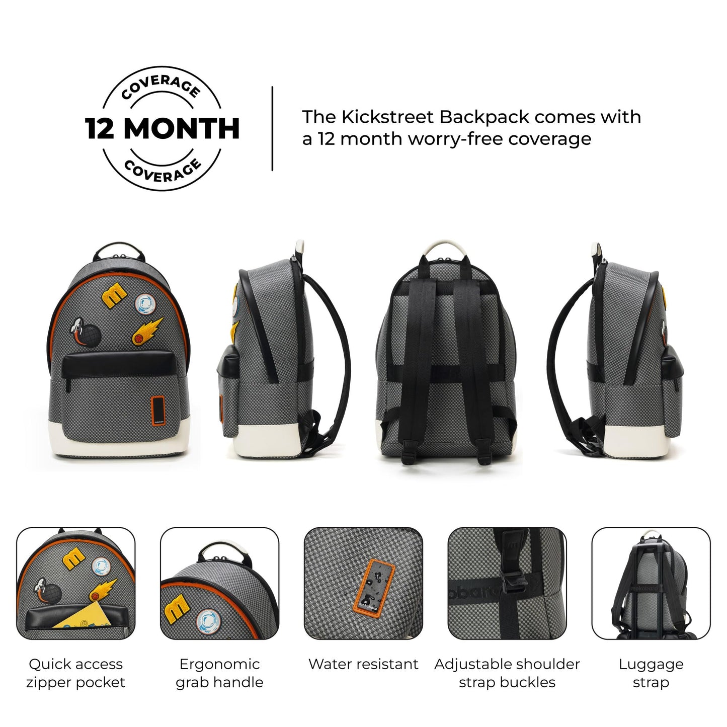 MOKOBARA The Kickstreet 3 Compartment Backpack 21L Water-Resistant Vegan Leather with Signature Monogram Pattern Multipurpose Daypack 14" Laptop Bag with Luggage Sleeve (Mokogram - Black Sesame)