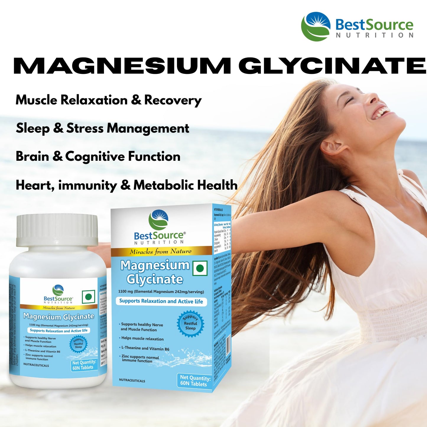 BestSource Nutrition's Magnesium Glycinate with L-Theanine, Zinc & Vitamin B6 | High Absorption Magnesium for Muscle Relaxation, Cramps, Sleep, & Nerves Support | Vegetarian Supplement|60 tablets