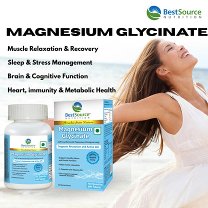 BestSource Nutrition's Magnesium Glycinate with L-Theanine, Zinc & Vitamin B6 | High Absorption Magnesium for Muscle Relaxation, Cramps, Sleep, & Nerves Support | Vegetarian Supplement|60 tablets