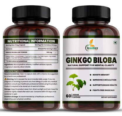 Grinbizz Ginkgo Biloba Capsules | Supports Memory, Focus & Brain Health | Improves Circulation & Mental Clarity | Antioxidant Herbal Supplement | 60 Capsules