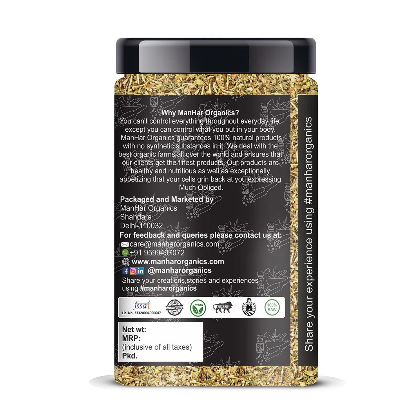 ManHar Organics Mixed Herbs Seasoning Jar 400gm- Perfect for Soups, Salads, and Roasted Dishes | Non-GMO, Flavorful Herb Blend | Natural Blend of Thyme, Oregano, Basil, and More | Pizza Pasta Seasoning |