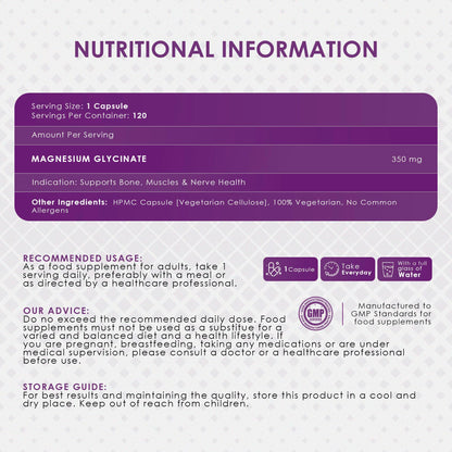 Ambrosial Magnesium Glycinate 350mg | High Absorption Magnesium Supplement for Enhanced Muscle and Nerve Function | Promotes Optimal Bone Health | Tiredness and Fatigue (Pack of 1-120 Capsules)