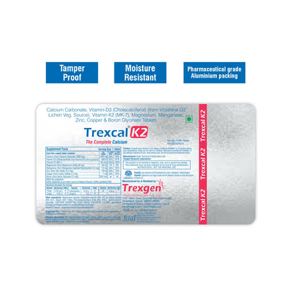 Trexgen TREXCAL-K2 The COMPLETE CALCIUM with Elemental Calcium 500 mg; Vitamin D3(Stabilized)400 IU; Vit. K2-7 55 mcg & BONE MATRIX Minerals Magnesium; Boron; Zinc; Manganese & Copper(5x10=50 Tablets)