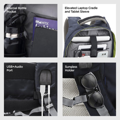 HARISSONS Sirius Travel Laptop Backpack | 45L | Fits 15.6” Laptop | Heavy-Duty Build | USB & Audio Port, Multi-Level Organizer, Trolley Sleeve | Work, Travel & College (Navy Blue)