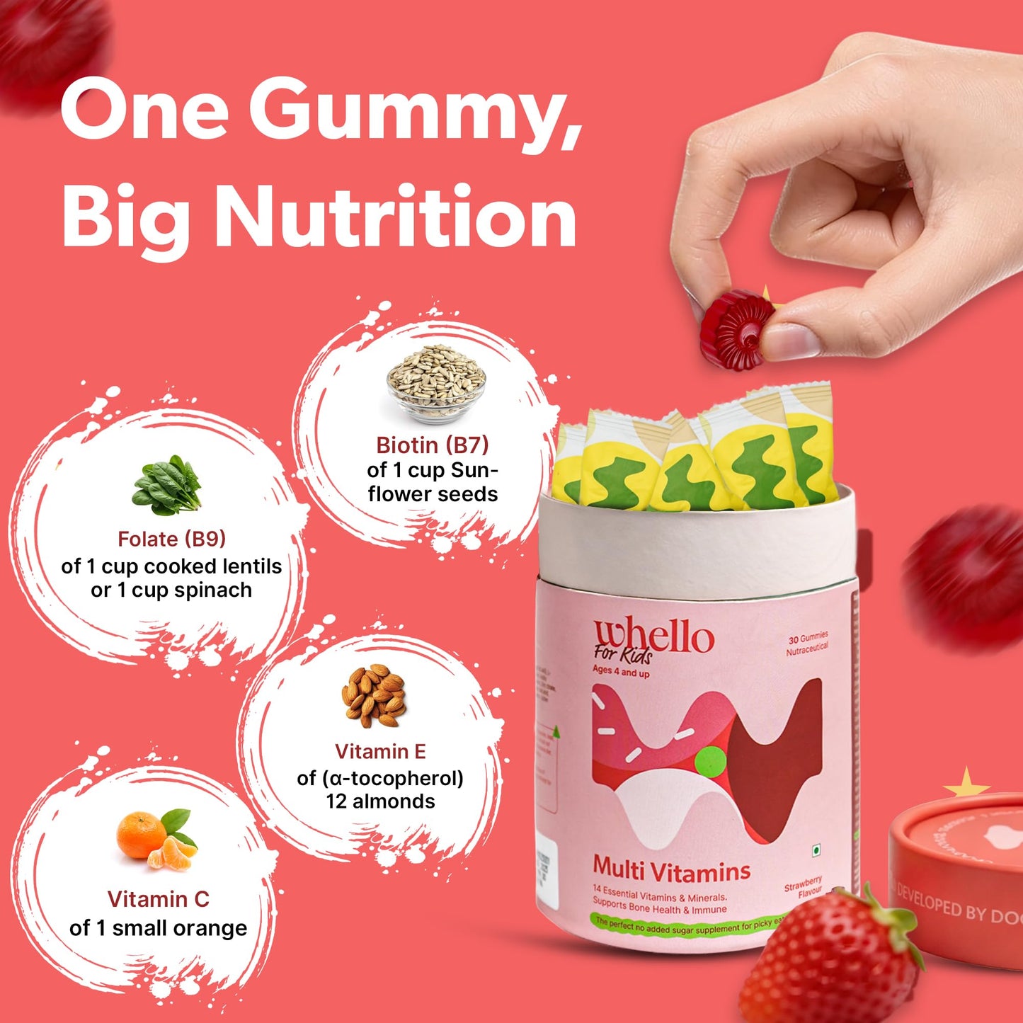 WHELLO Multivitamin Gummies for Kids | 4+ Years | 30 Gummies | With Real fruit and Vegetables , Vitamin D, C, Zinc, K and Vegan | No Added Sugar | Doctor Formulated (Strawberry Flavour), Improves Immunity & Bone heath