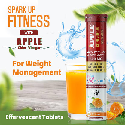 Raskam ACV Apple Cider Vinegar 15 Effervescent Tablets | Helps in Weight Management, Digestion & Sugar Balance Orange Flavour 100% Vegan | 500mg (Pack of 2)