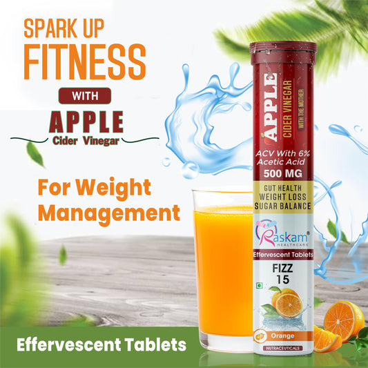 Raskam ACV Apple Cider Vinegar 15 Effervescent Tablets | Helps in Weight Management, Digestion & Sugar Balance Orange Flavour 100% Vegan | 500mg (Pack of 2)