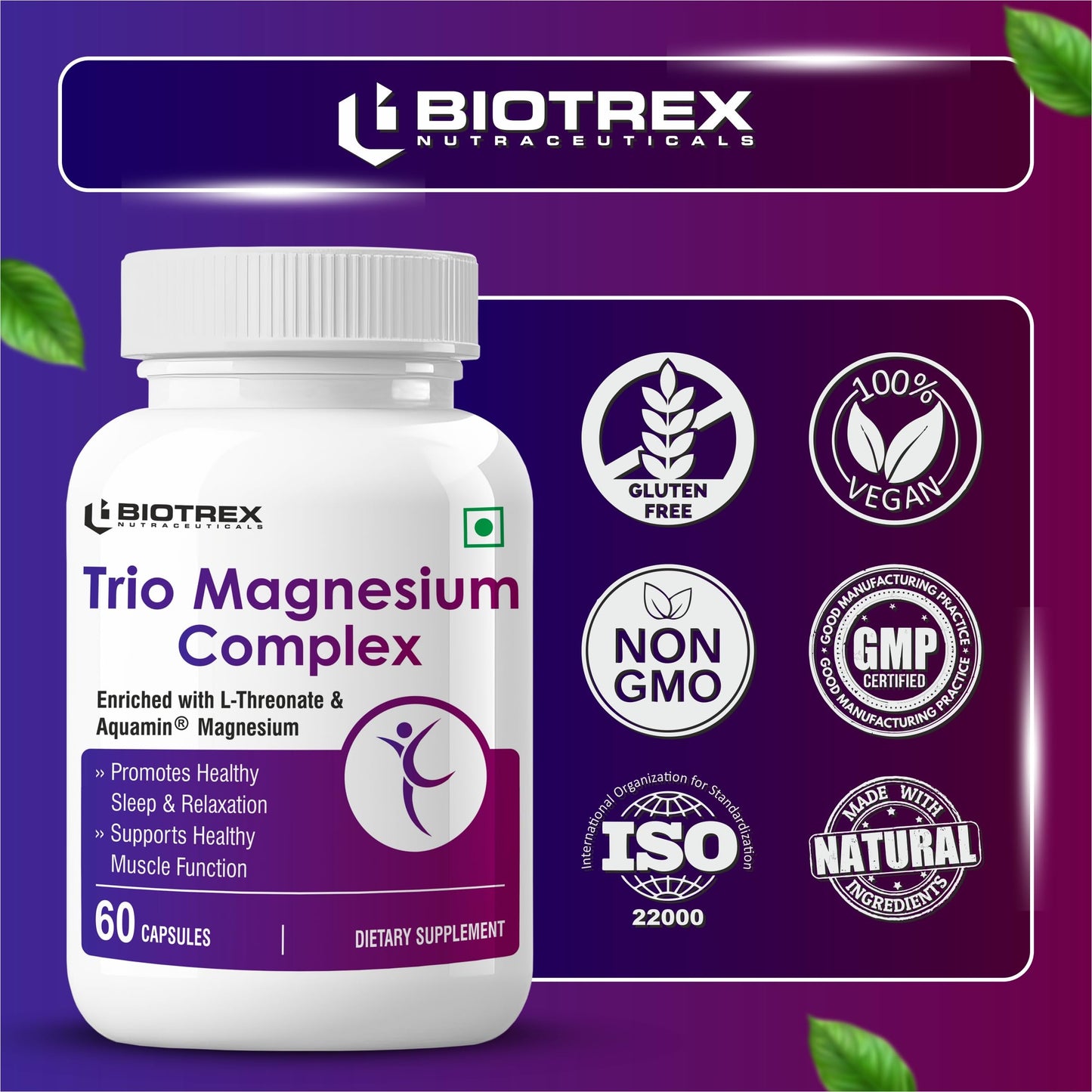 Biotrex Nutraceuticals Trio Magnesium Complex Enriched With Magnesium L- Threonate, Aquamin Citrate & Magnesium Glycinate, Highly Bioavailable Forms of Magnesium, Supports Healthy Nerve & Brain Health, Supports Healthy Sleep - 60 Veg Capsules