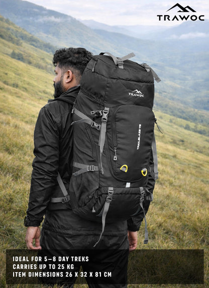 TRAWOC TRAILBLAZE 75 Liter Rucksack bag for Men & Women, Travel Backpack Camping Hiking Trekking Bag Rain Cover/Shoe Compartment, Black, 3 Year Warranty