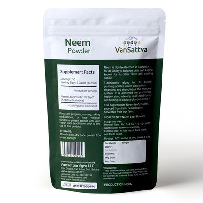 VanSattva Neem Powder - Azadirachta indica - Health Supplement - 100 gram