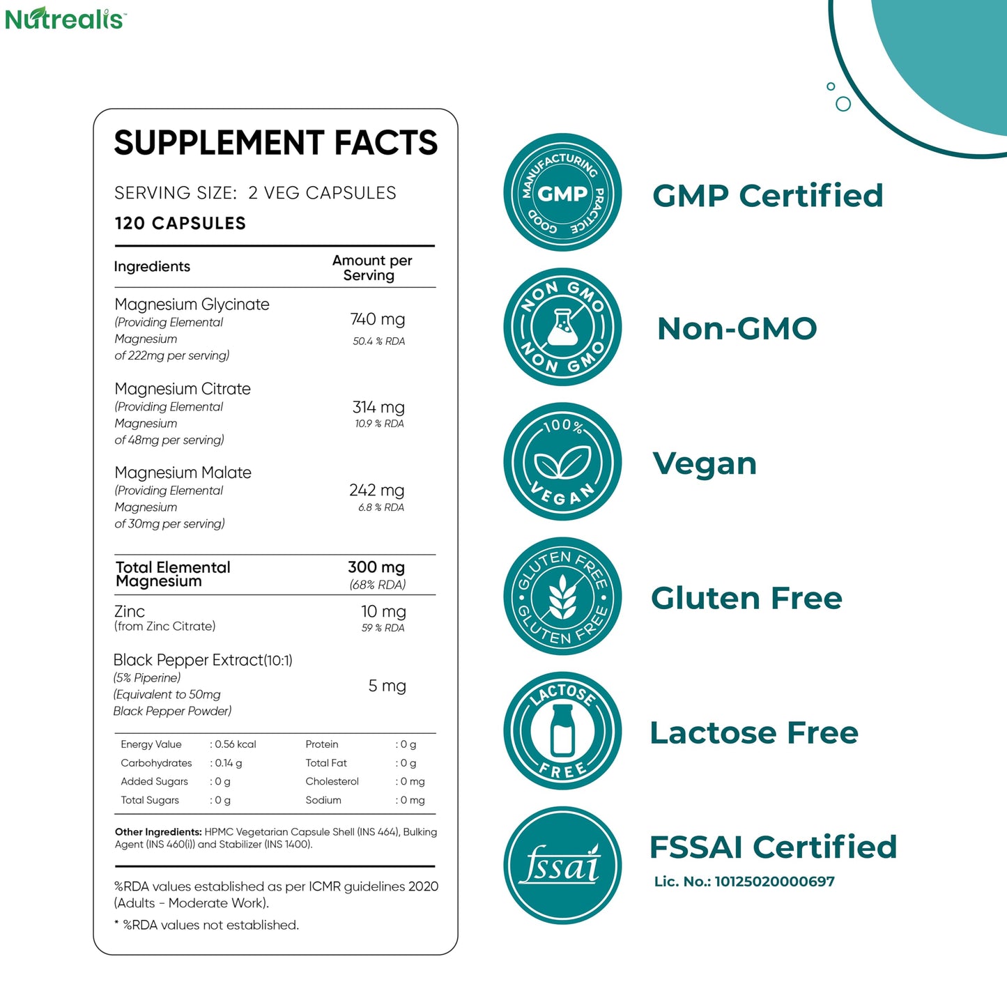 Nutrealis Triple Magnesium Complex | 120 Veg Capsules | Magnesium Glycinate, Citrate & Malate with Zinc | High Absorption Magnesium Supplement for Sleep, Muscle, Stress & Energy Support