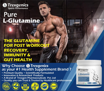 Trexgenics L-GLUTAMINE Pure Powder (50 Servings) Muscle Building Block for Strength & Growth, Leaky Gut Health, Immunity (250 gm) (Pack of 1)