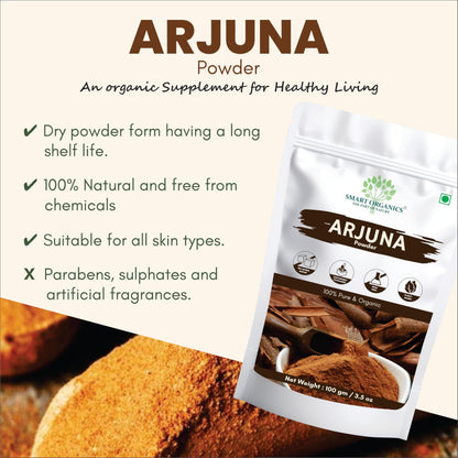Smart Organics Arjuna Powder – 100% Pure & Natural Arjuna Bark Powder | Supports Heart Health & Wellness | 100g (7oz) | Vegan & Non-GMO