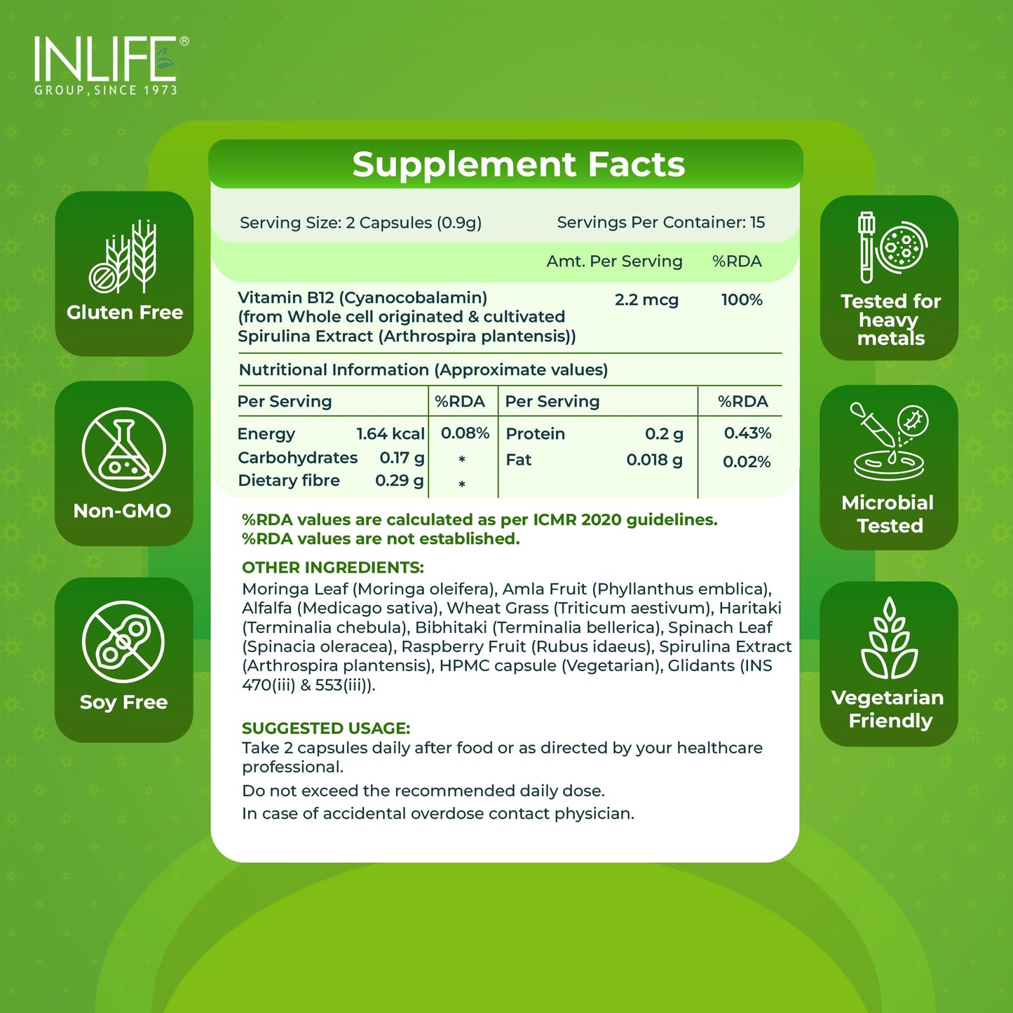 INLIFE Plant Based Vitamin B12 Supplements for Men & Women | Superfood Formula | B12 from Spirulina Extract - 30 Vegetarian Capsules (Pack of 1, 30, count)