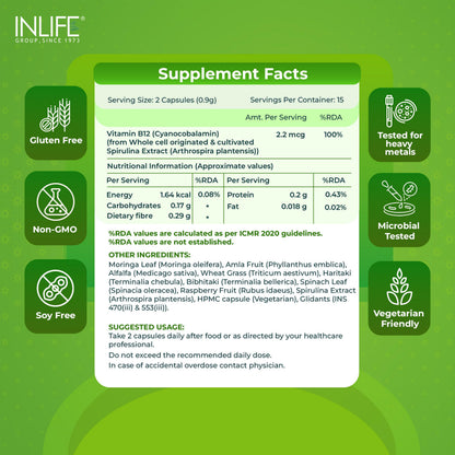 INLIFE Plant Based Vitamin B12 Supplements for Men & Women | Superfood Formula | B12 from Spirulina Extract - 30 Vegetarian Capsules (Pack of 1, 30, count)