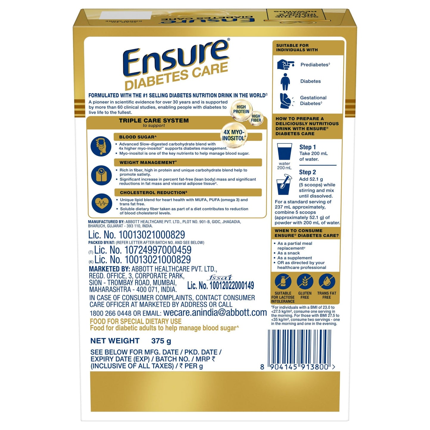 Ensure Diabetes Care Vanilla 375gm |Support Blood Sugar, Weight Management, Cholestrol Reduction |High Protein, High Fibre, 4 Myo-inositol |Zero Added Sucrose