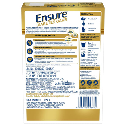 Ensure Diabetes Care Vanilla 375gm |Support Blood Sugar, Weight Management, Cholestrol Reduction |High Protein, High Fibre, 4 Myo-inositol |Zero Added Sucrose