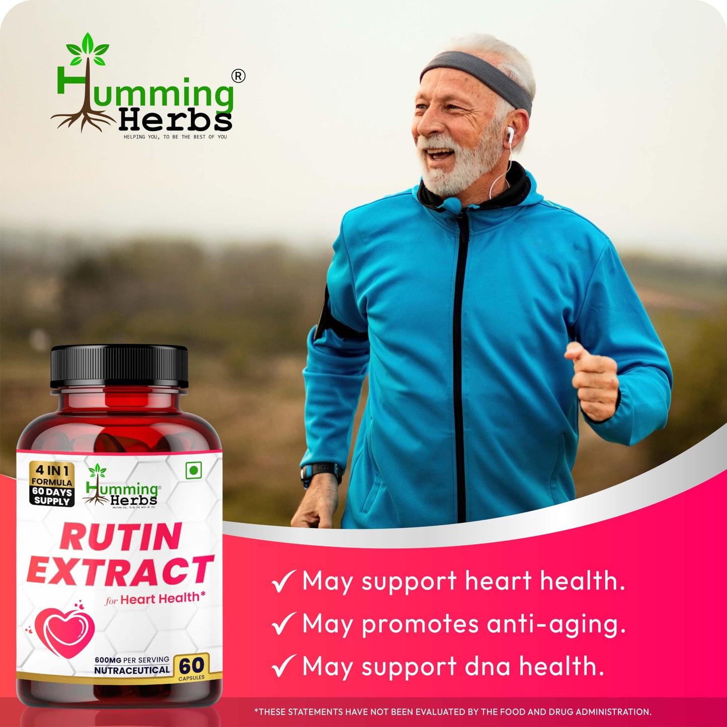 Humming Herbs Rutin 600mg Capsules - Vessel Support & Heart Health Formula with Anti-Inflammatory Benefits- 60 Capsules